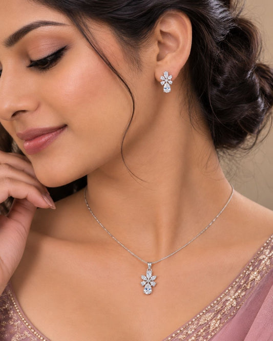 Crystal Bloom Silver Finish Bridal Pendant Set