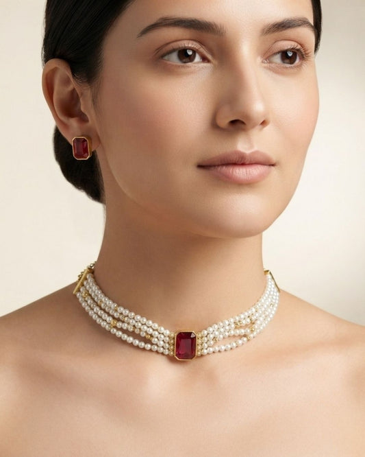 Red Stone Multi-Strand Pearl Choker Necklace