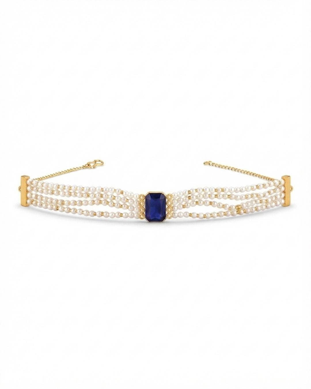 Blue Stone Multi-Strand Pearl Choker Necklace