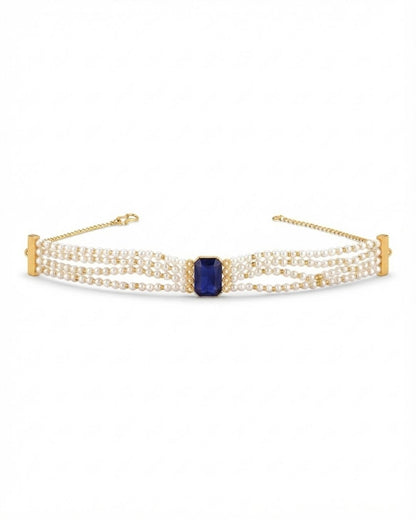 Blue Stone Multi-Strand Pearl Choker Necklace