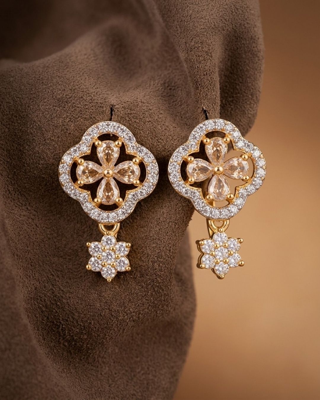 Designer American Diamond Gold Finish AD Stud Earrings for Women