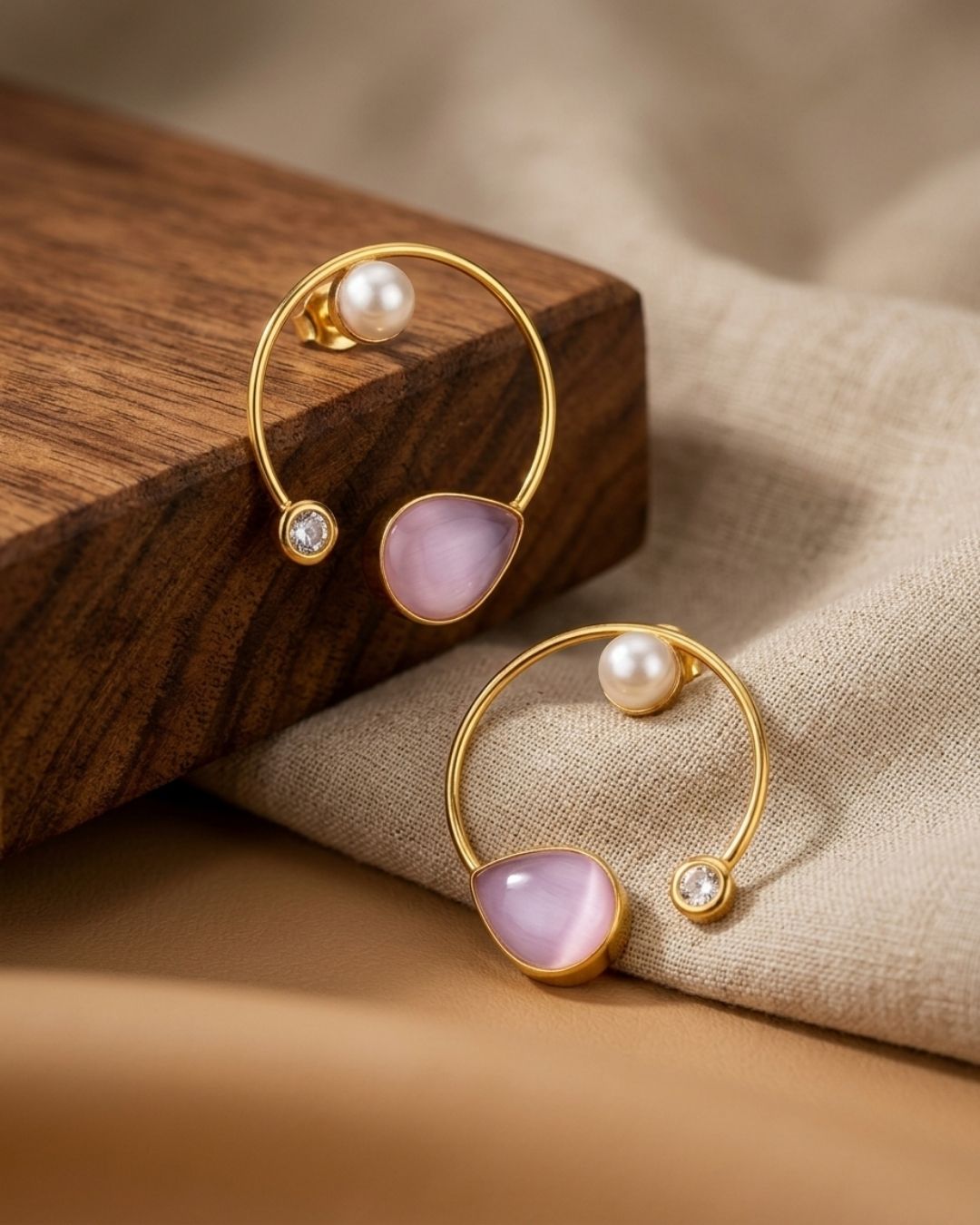 Gold Plated Handmade Pink Teardrop Hoop Earrings