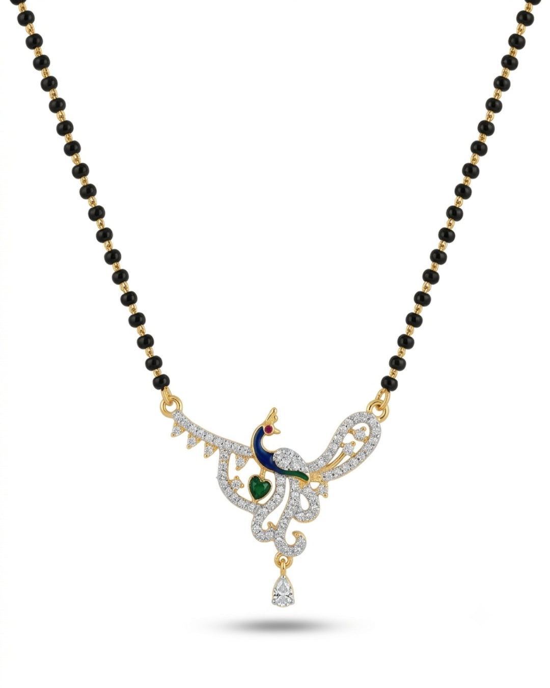 Designer Peacock AD Mangalsutra with Black Beads
