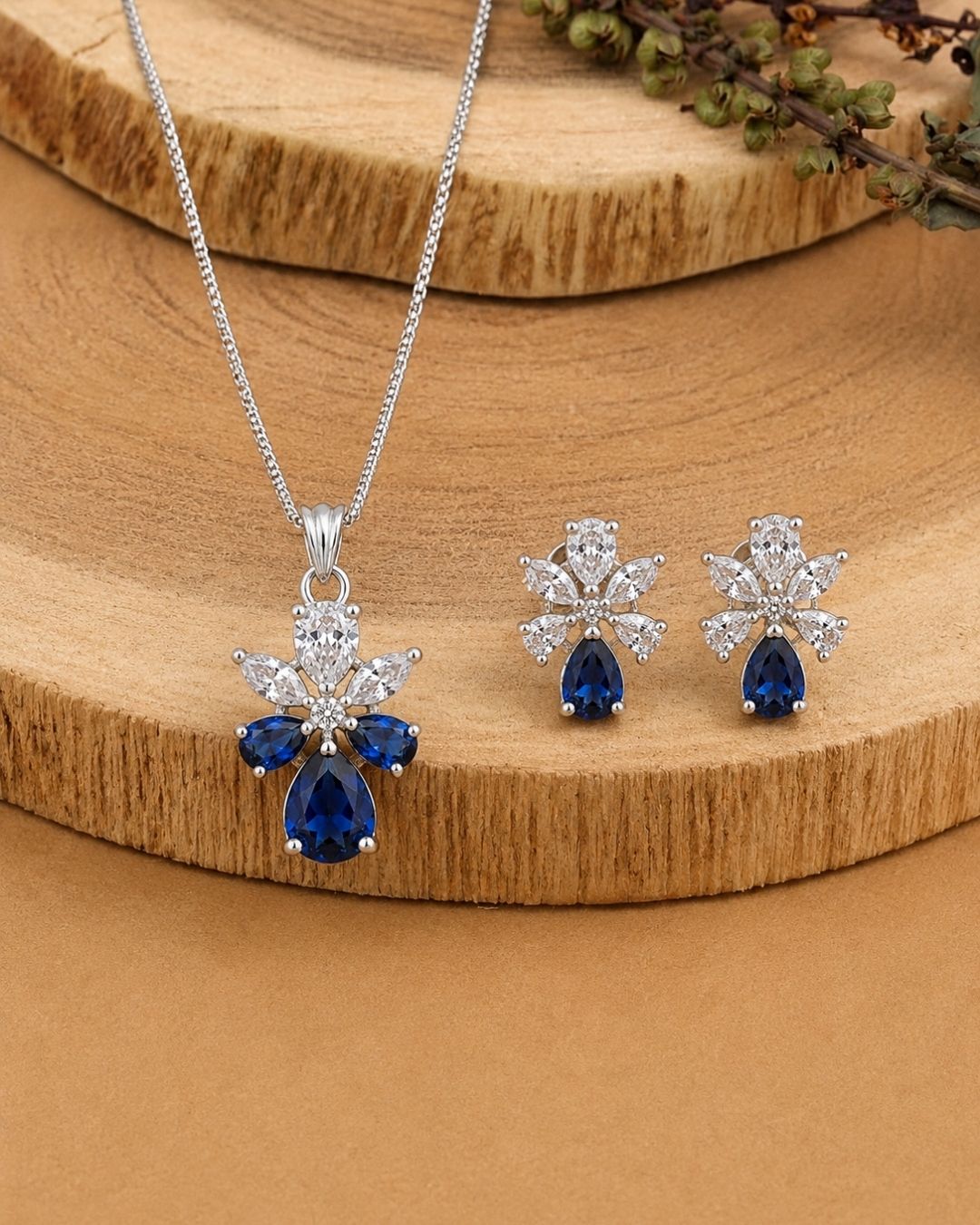Sapphire Bloom Silver Finish Designer Pendant Set