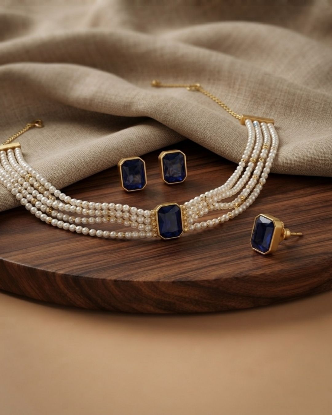 Blue Stone Multi-Strand Pearl Choker Necklace