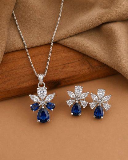 Sapphire Bloom Silver Finish Designer Pendant Set