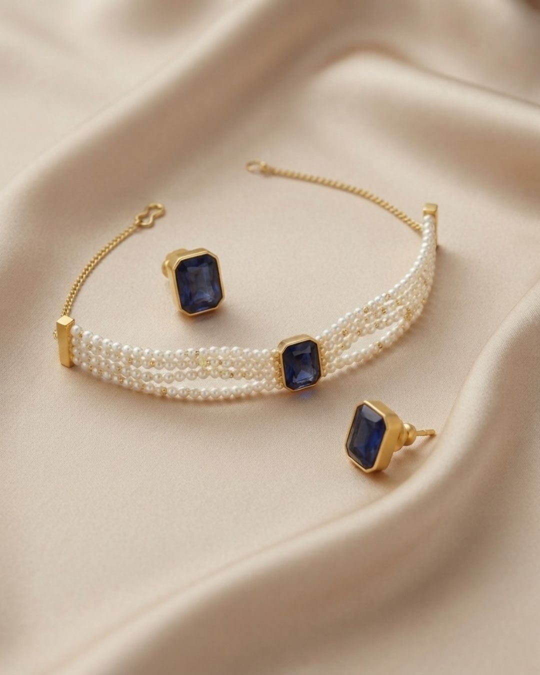 Blue Stone Multi-Strand Pearl Choker Necklace