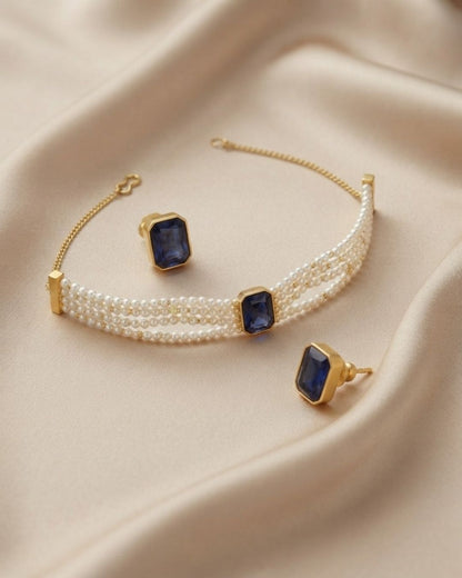 Blue Stone Multi-Strand Pearl Choker Necklace