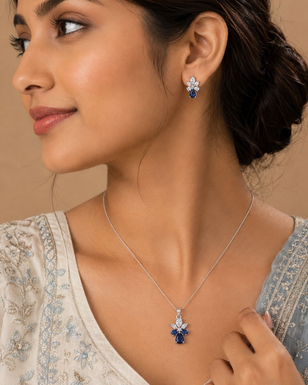 Sapphire Bloom Silver Finish Designer Pendant Set