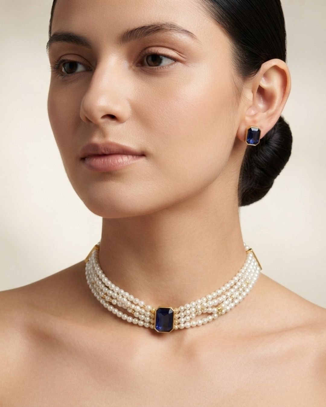 Blue Stone Multi-Strand Pearl Choker Necklace