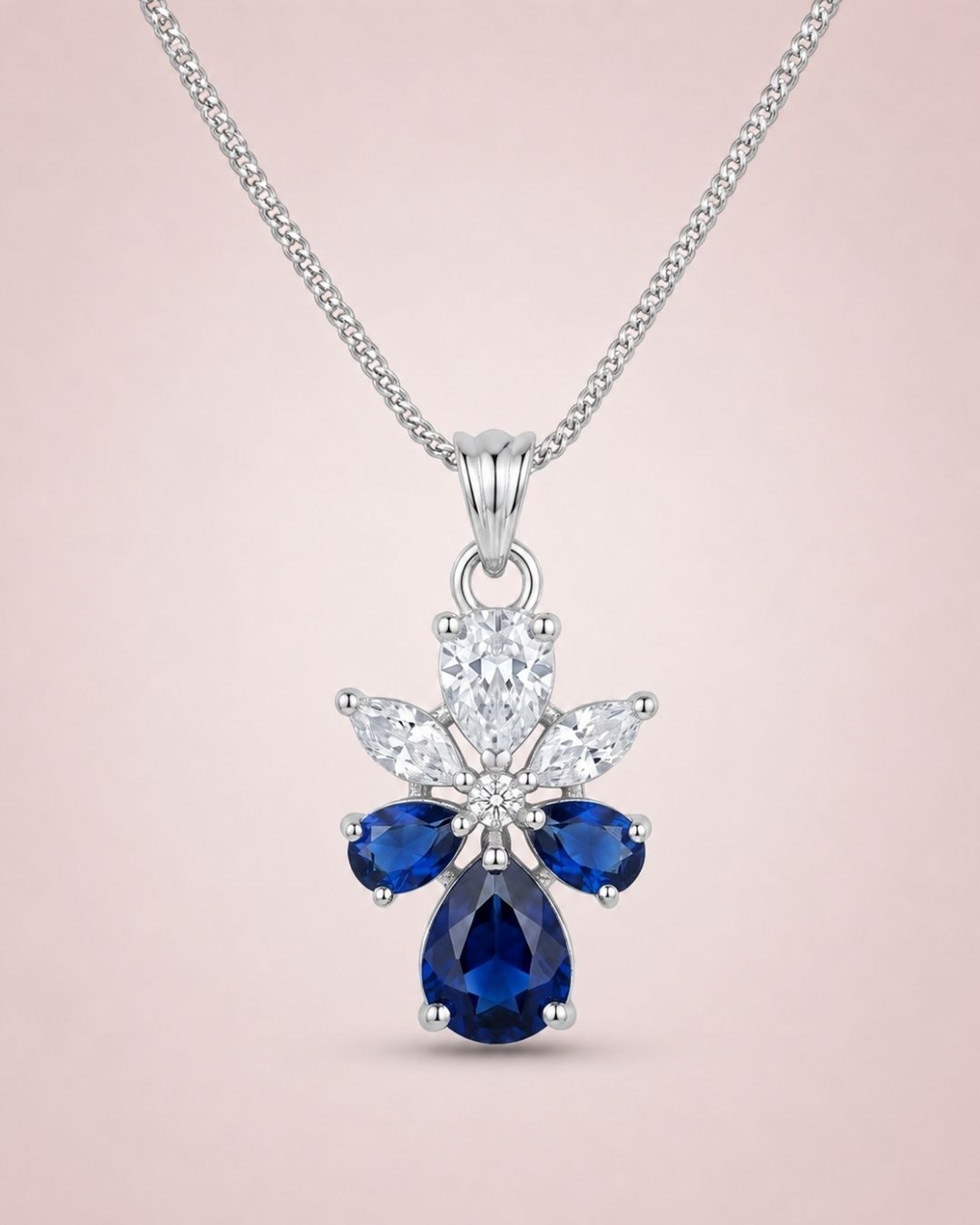Sapphire Bloom Silver Finish Designer Pendant Set