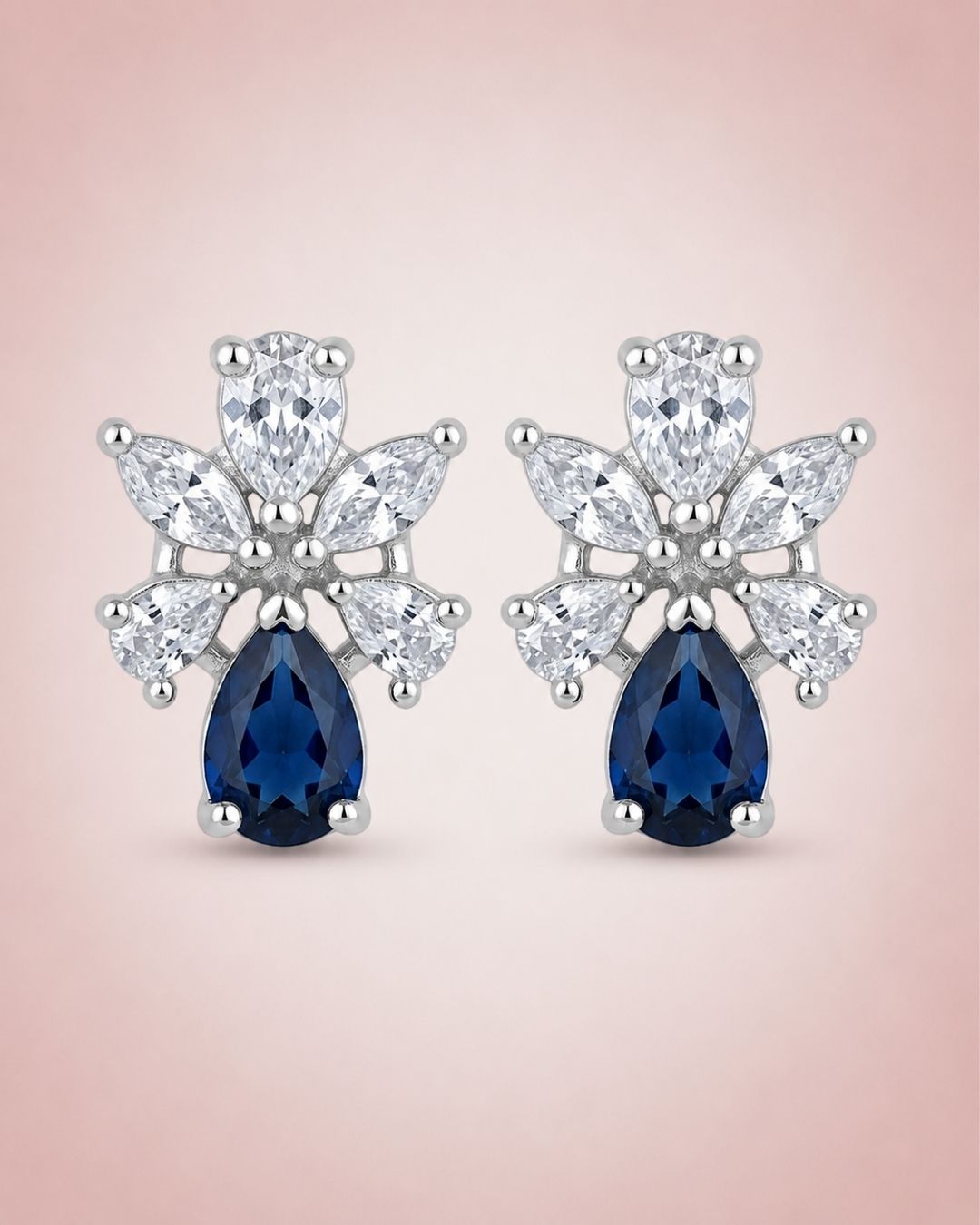 Sapphire Bloom Silver Finish Designer Pendant Set