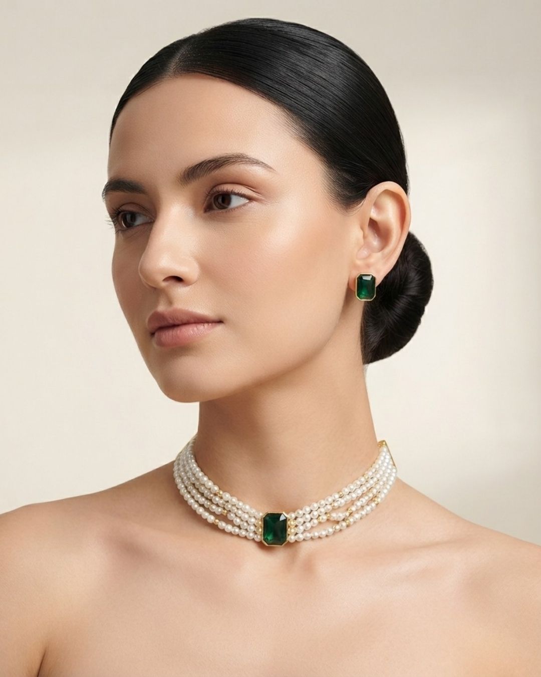 Green Stone Multi-Strand Pearl Choker Necklace