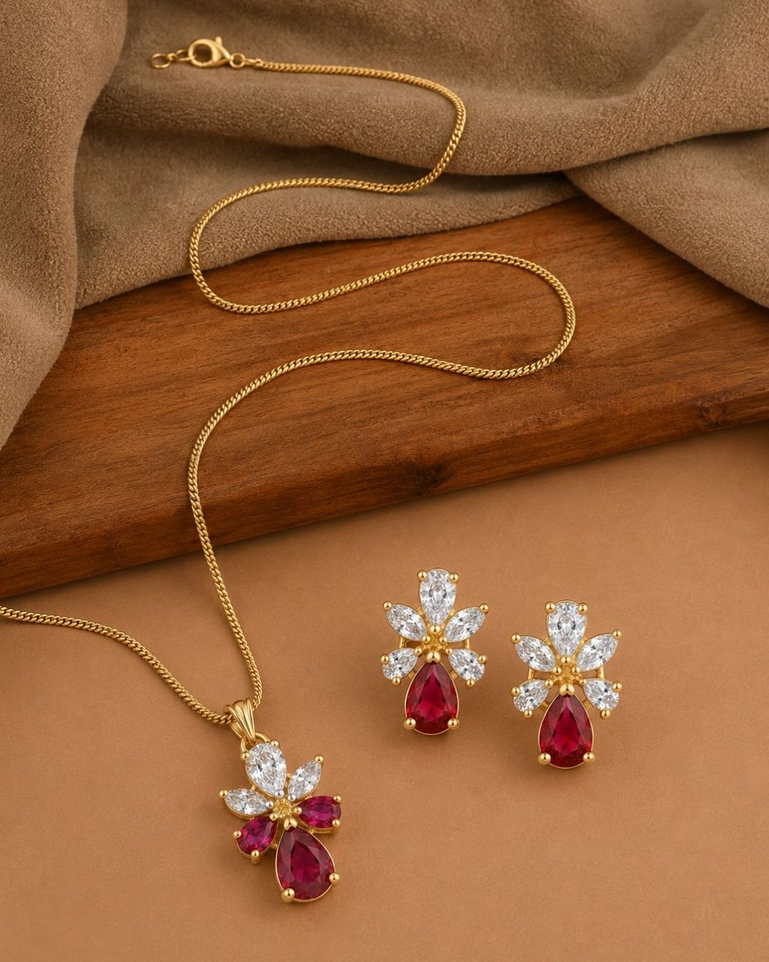 Ruby Bloom Gold Finish Wedding Jewellery Pendant Set