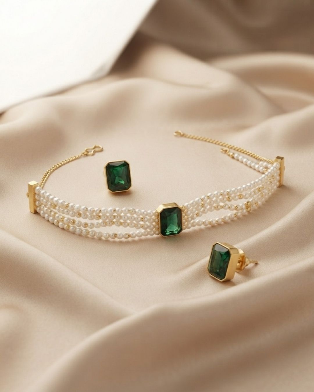 Green Stone Multi-Strand Pearl Choker Necklace