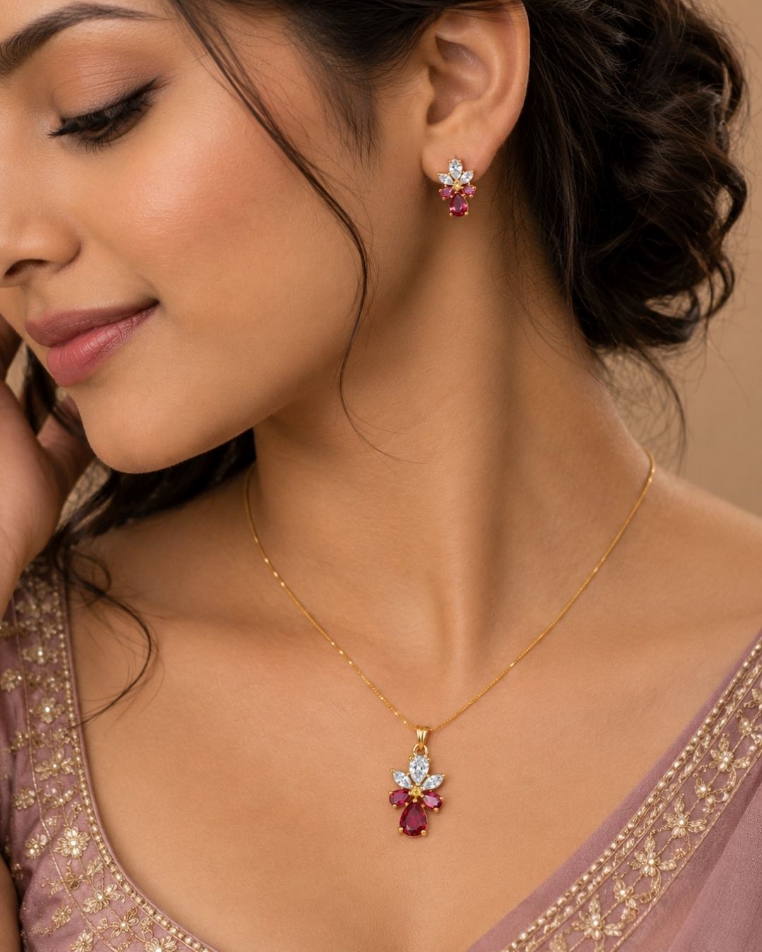 Ruby Bloom Gold Finish Wedding Jewellery Pendant Set