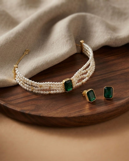 Green Stone Multi-Strand Pearl Choker Necklace