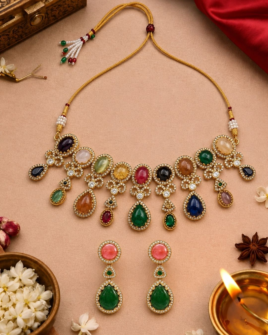 Sabyasachi Inspired Turkish Pota Necklace Set with Green Statement Drops