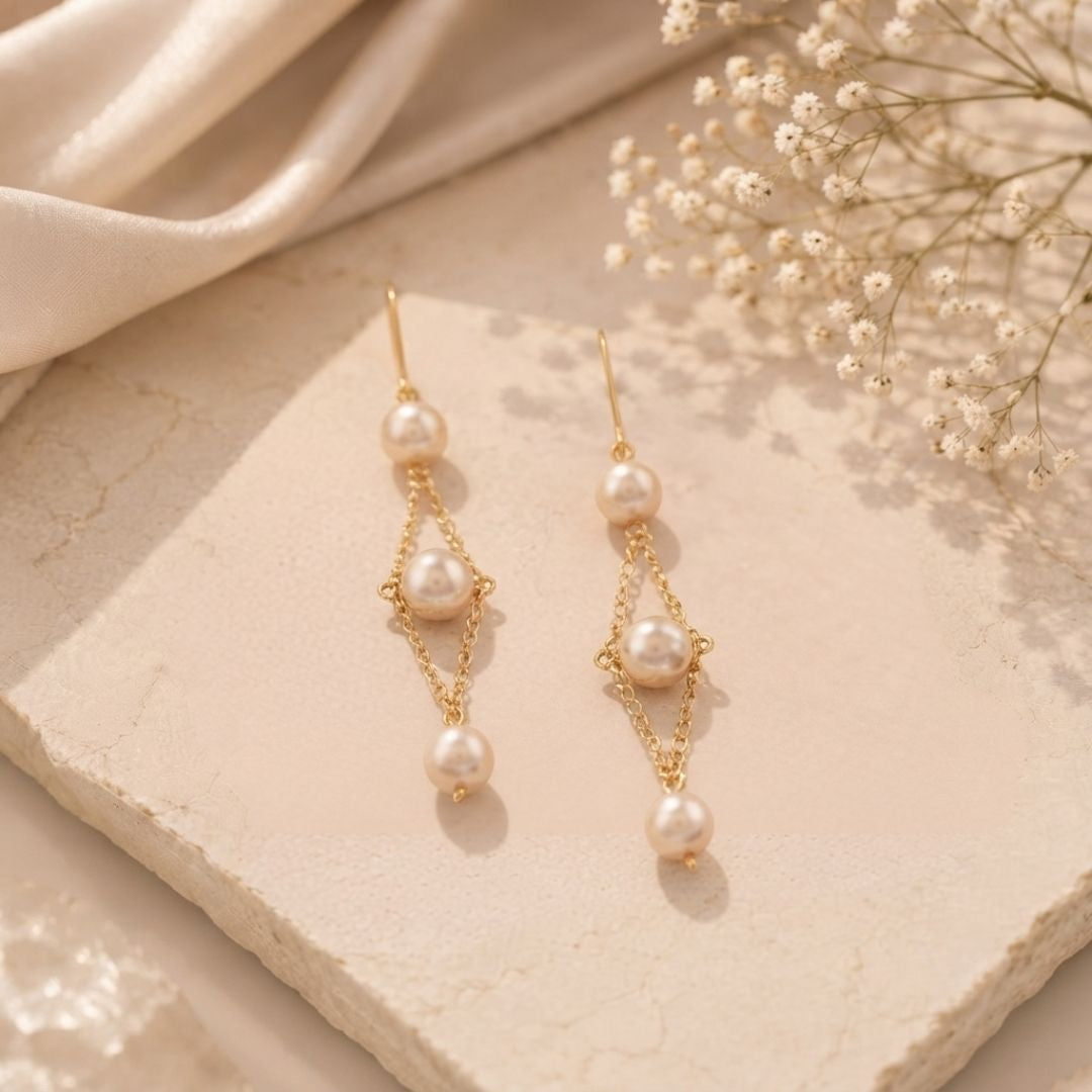 Anti Tarnish Handmade Diamond Frame Pearl Earrings for Women