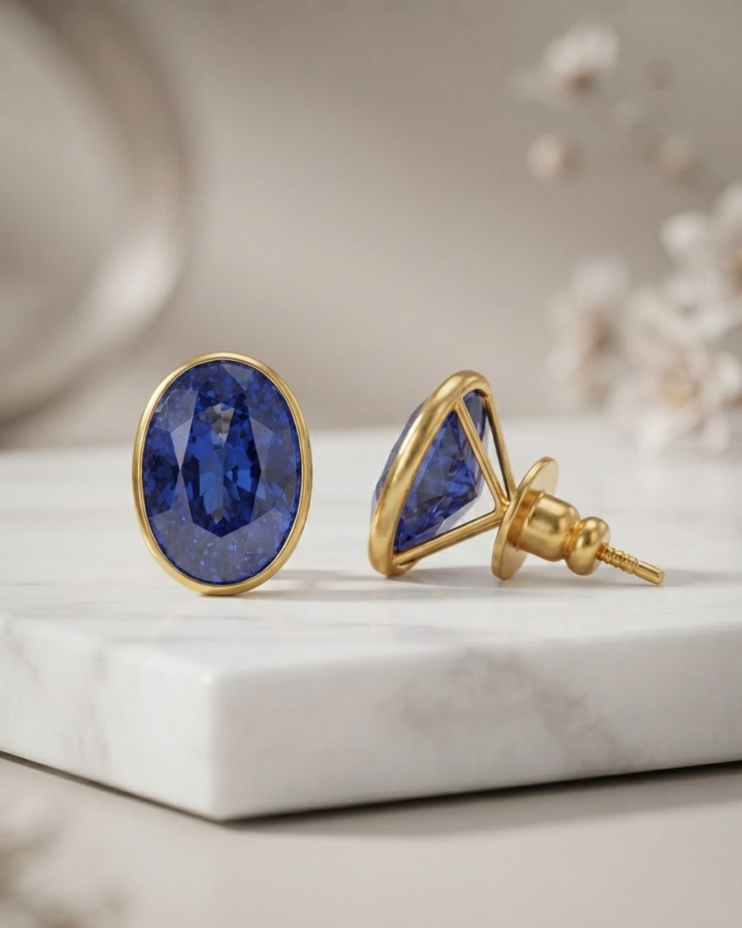Blue Oval Stone Stud Earrings for Women