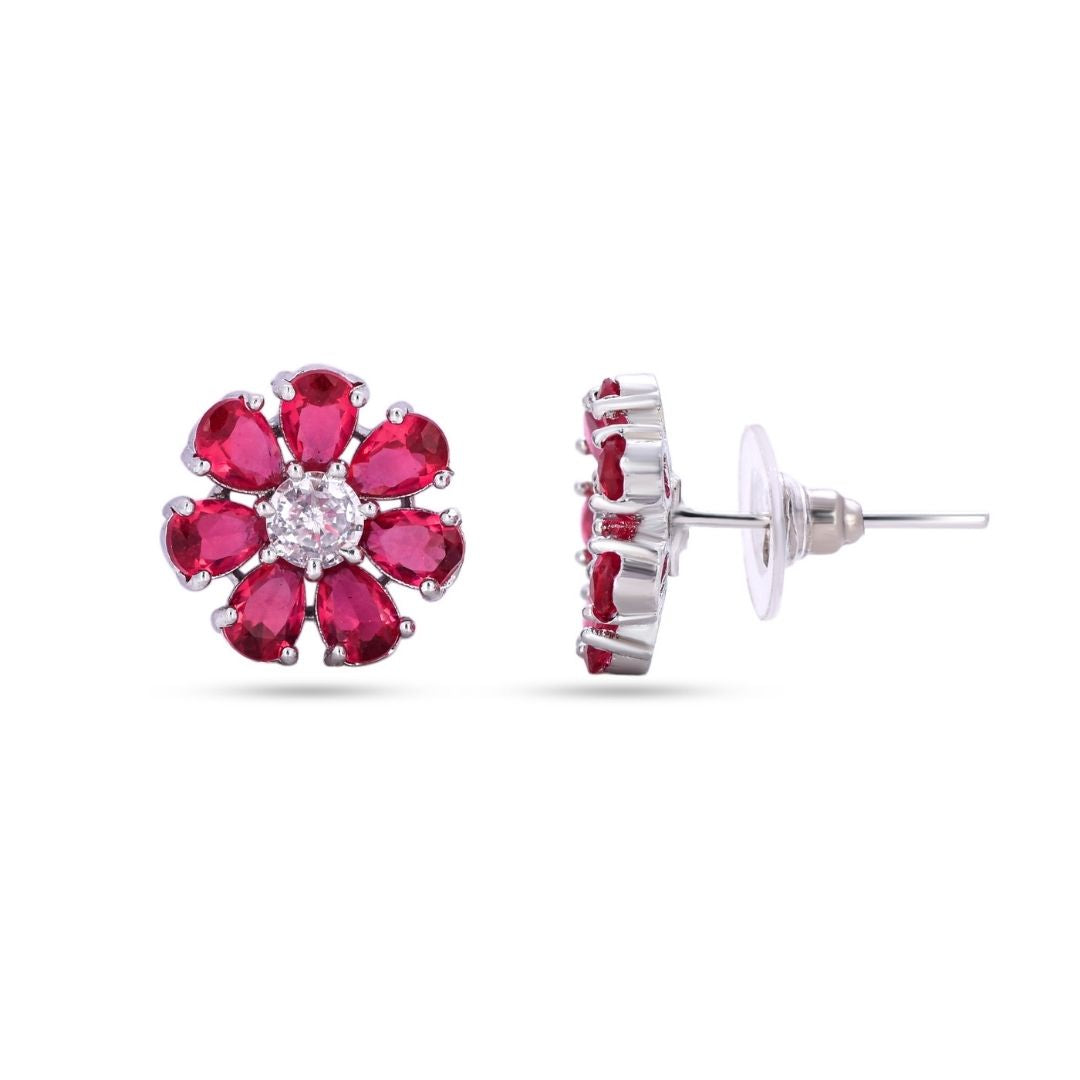 Belaci AD Silver Red Floral Studs for Women