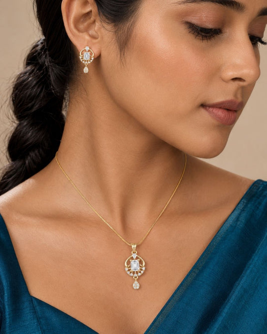 Regal Radiance Gold Finish American Diamond Pendant Set