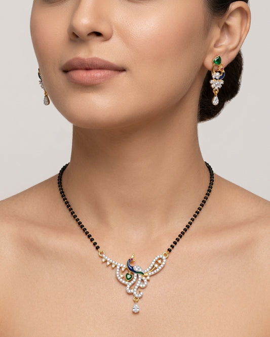 Designer Peacock AD Mangalsutra with Black Beads