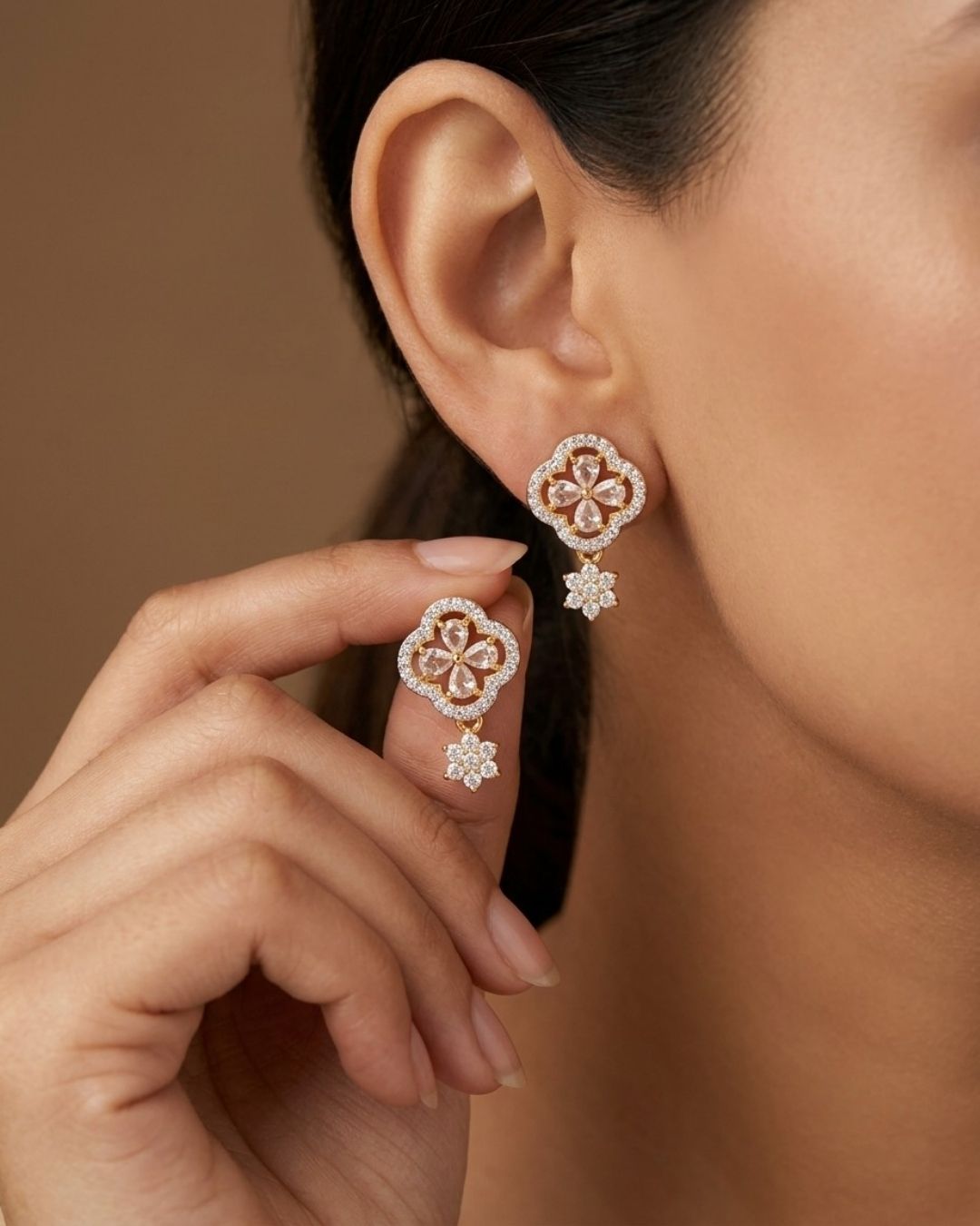 Designer American Diamond Gold Finish AD Stud Earrings for Women