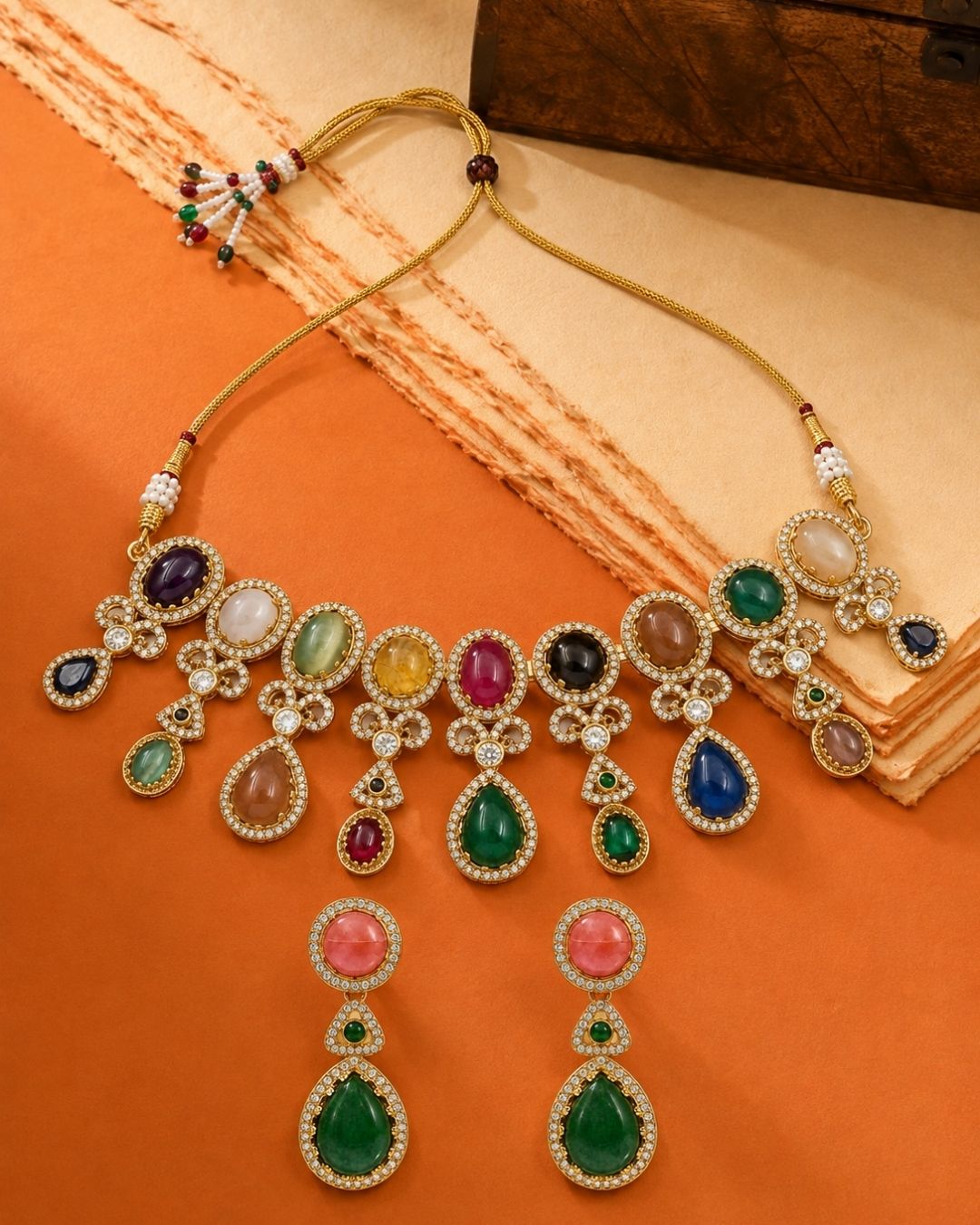 Sabyasachi Inspired Turkish Pota Necklace Set with Green Statement Drops