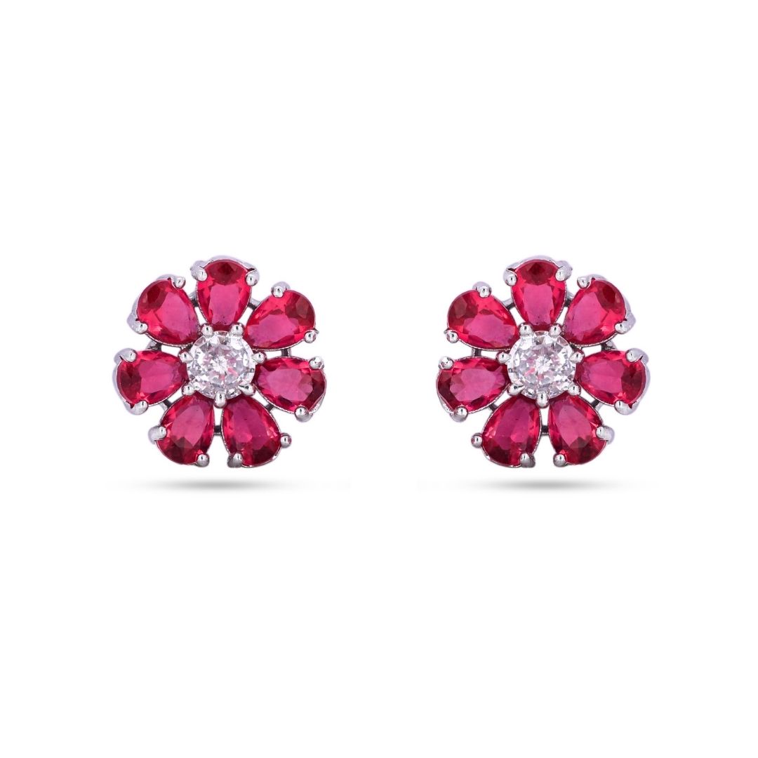 Belaci AD Silver Red Floral Studs for Women