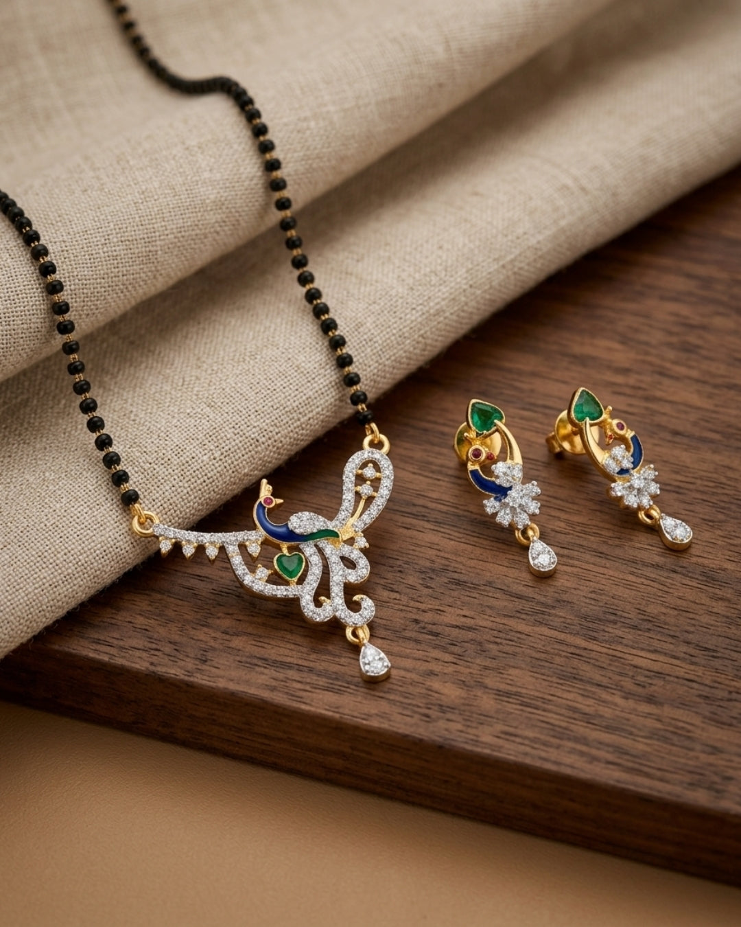 Designer Peacock AD Mangalsutra with Black Beads