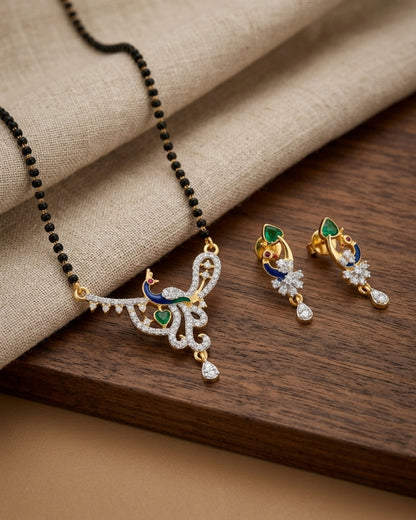 Designer Peacock AD Mangalsutra with Black Beads