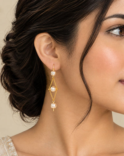 Anti Tarnish Handmade Diamond Frame Pearl Earrings for Women