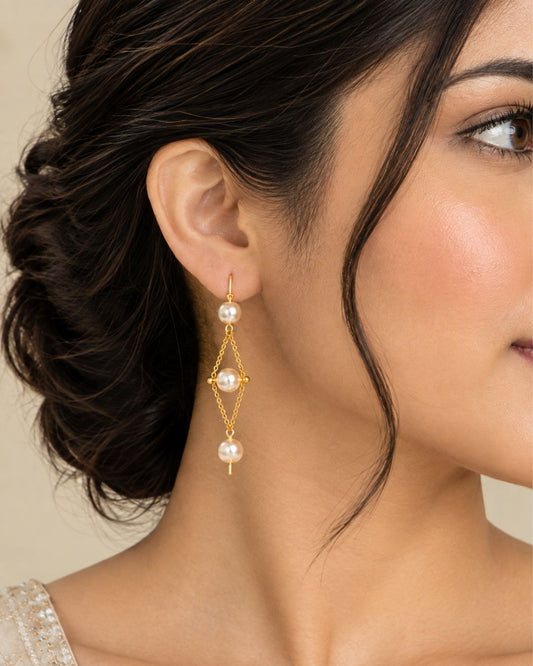 Anti Tarnish Handmade Diamond Frame Pearl Earrings for Women
