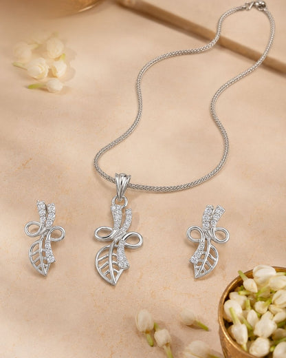 Leaf & Bow Pendant Necklace with Matching Earrings