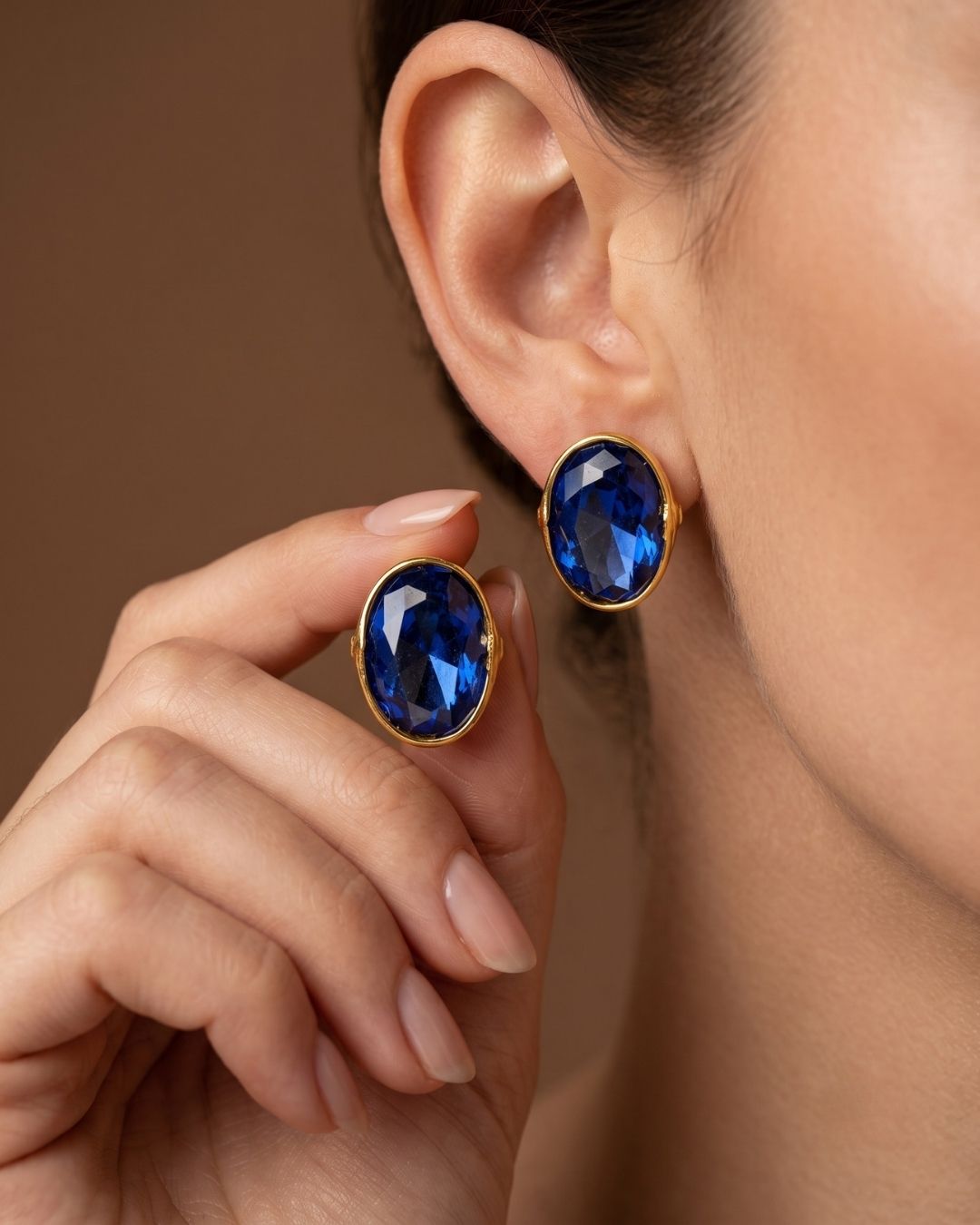 Blue Oval Stone Stud Earrings for Women