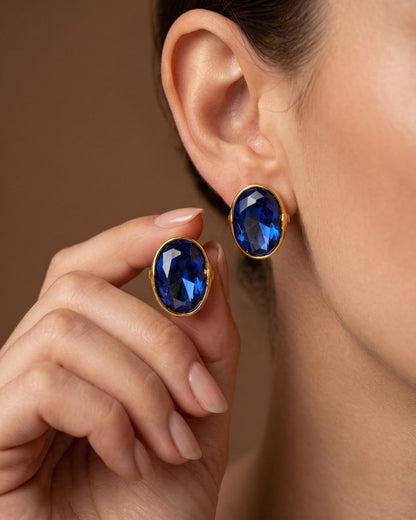 Blue Oval Stone Stud Earrings for Women