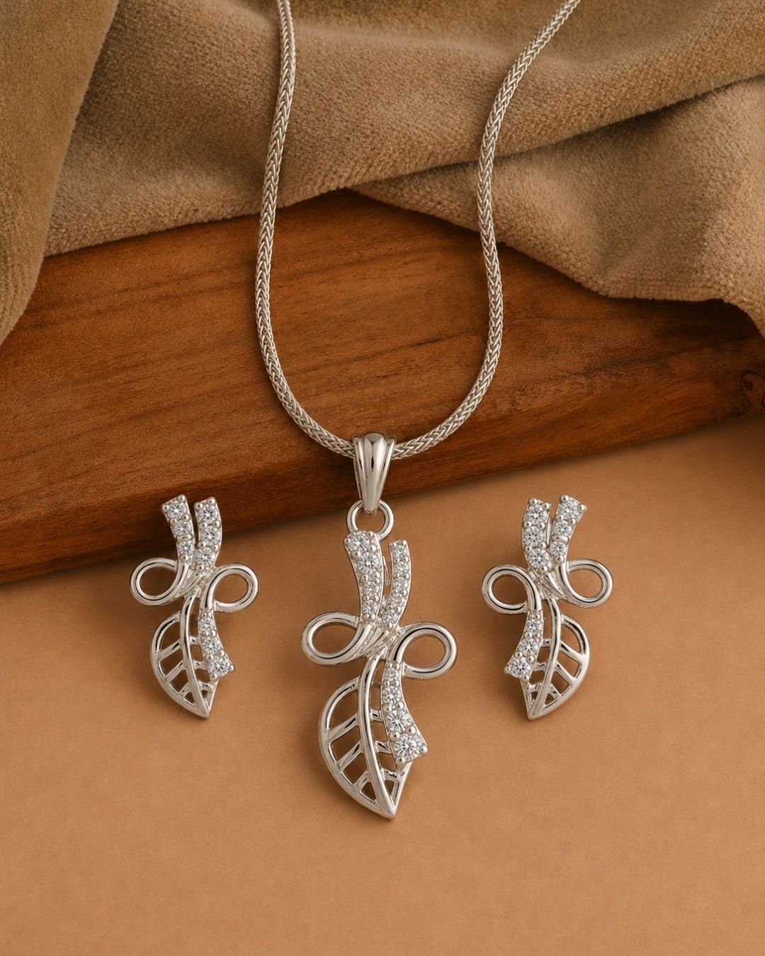 Leaf & Bow Pendant Necklace with Matching Earrings
