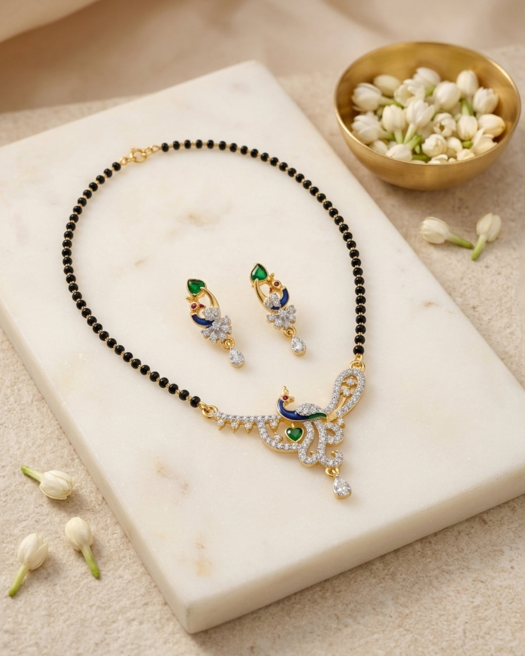 Designer Peacock AD Mangalsutra with Black Beads