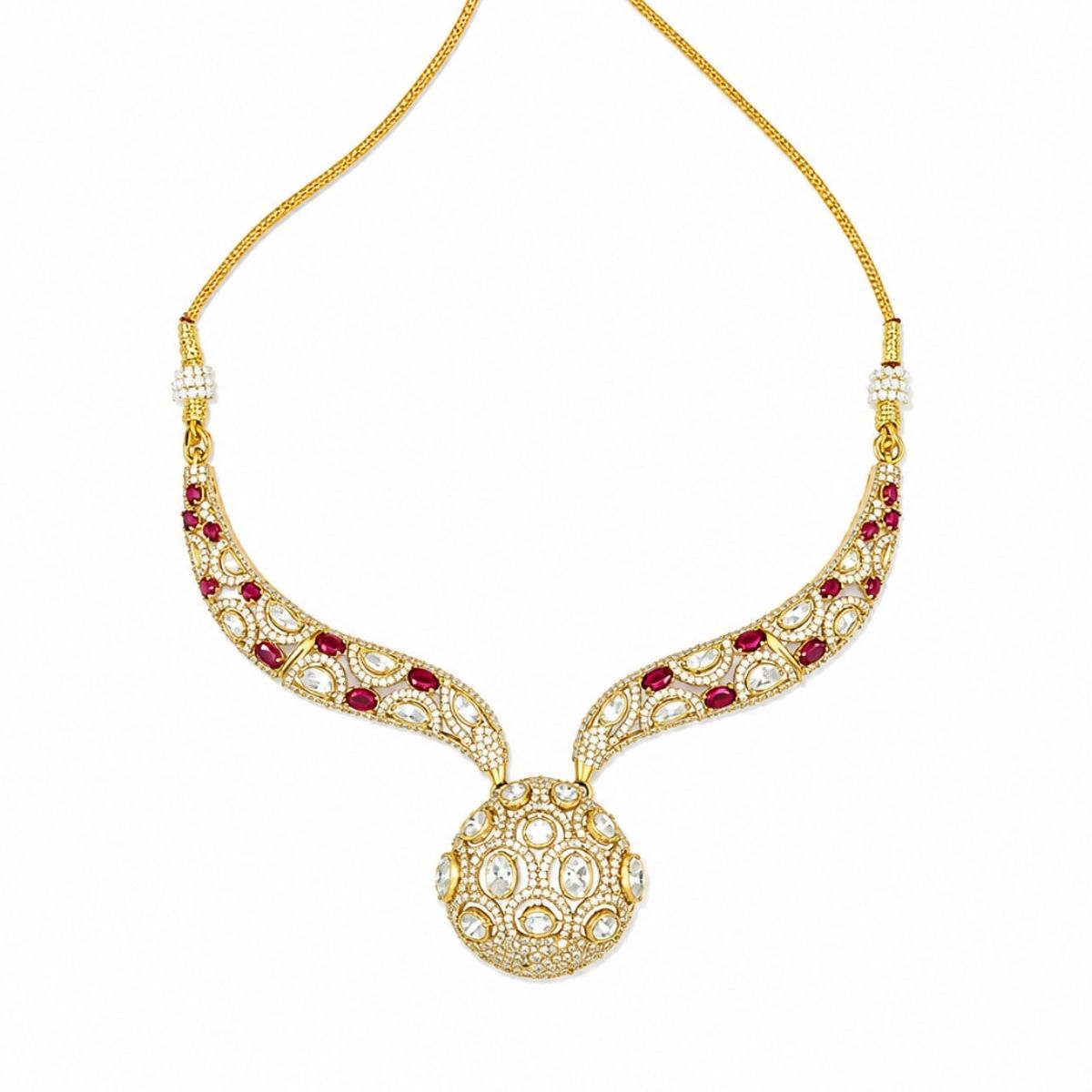 Ruby Polki Necklace Set with Statement Ball Pendant