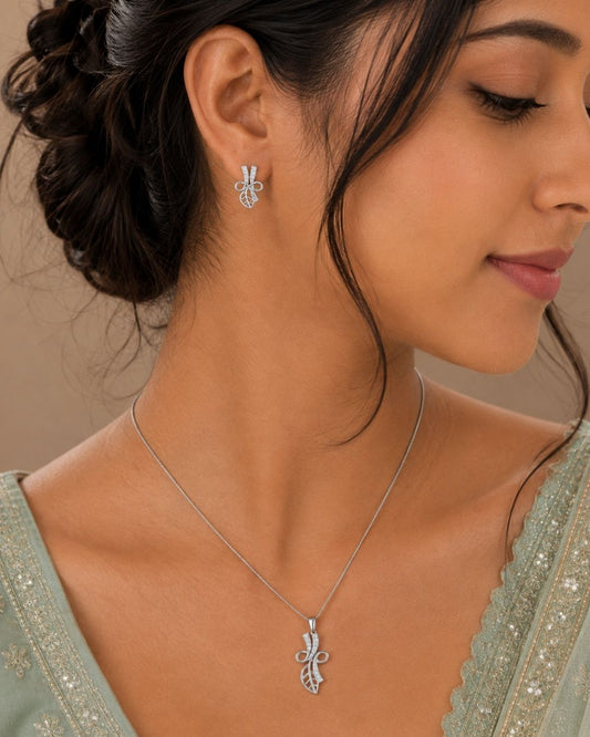 Leaf & Bow Pendant Necklace with Matching Earrings