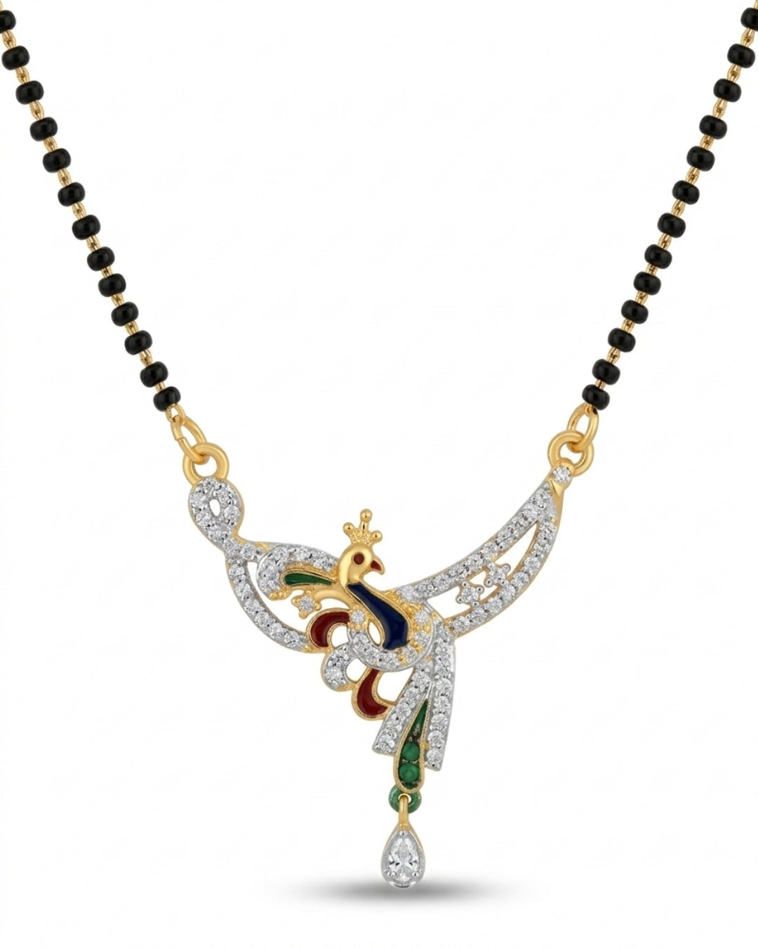 Designer Peacock American Diamond Black Beads Mangalsutra with Matching Earrings