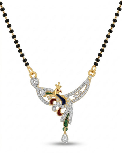 Designer Peacock American Diamond Black Beads Mangalsutra with Matching Earrings