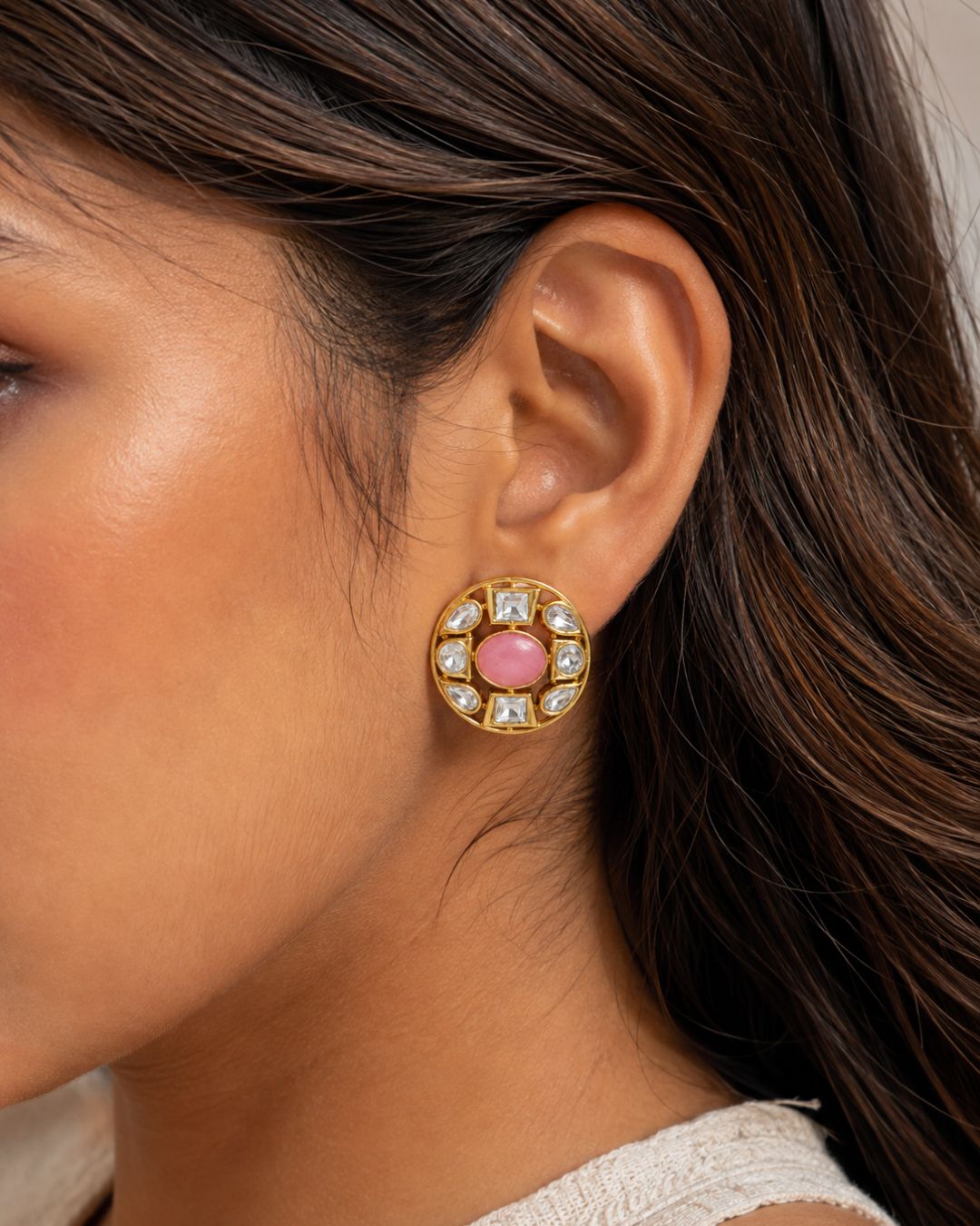 Victorian Style Pink monalisa karting Stone Stud Earrings