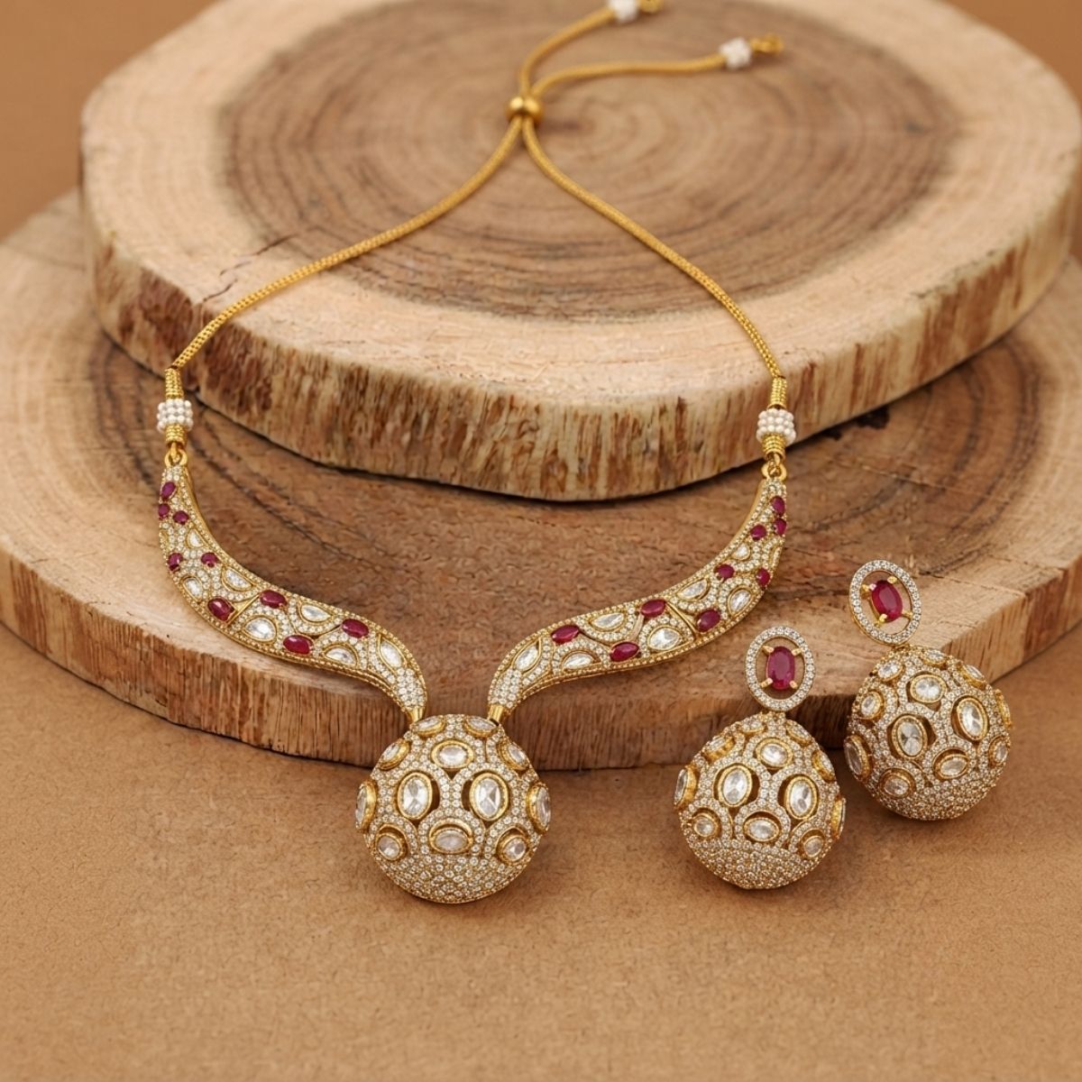 Ruby Polki Necklace Set with Statement Ball Pendant