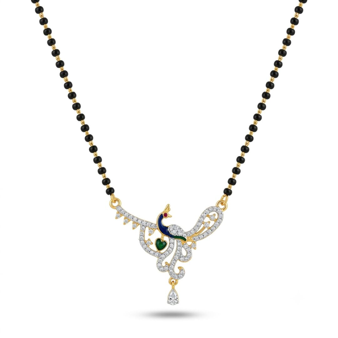 Designer Peacock AD Mangalsutra with Black Beads