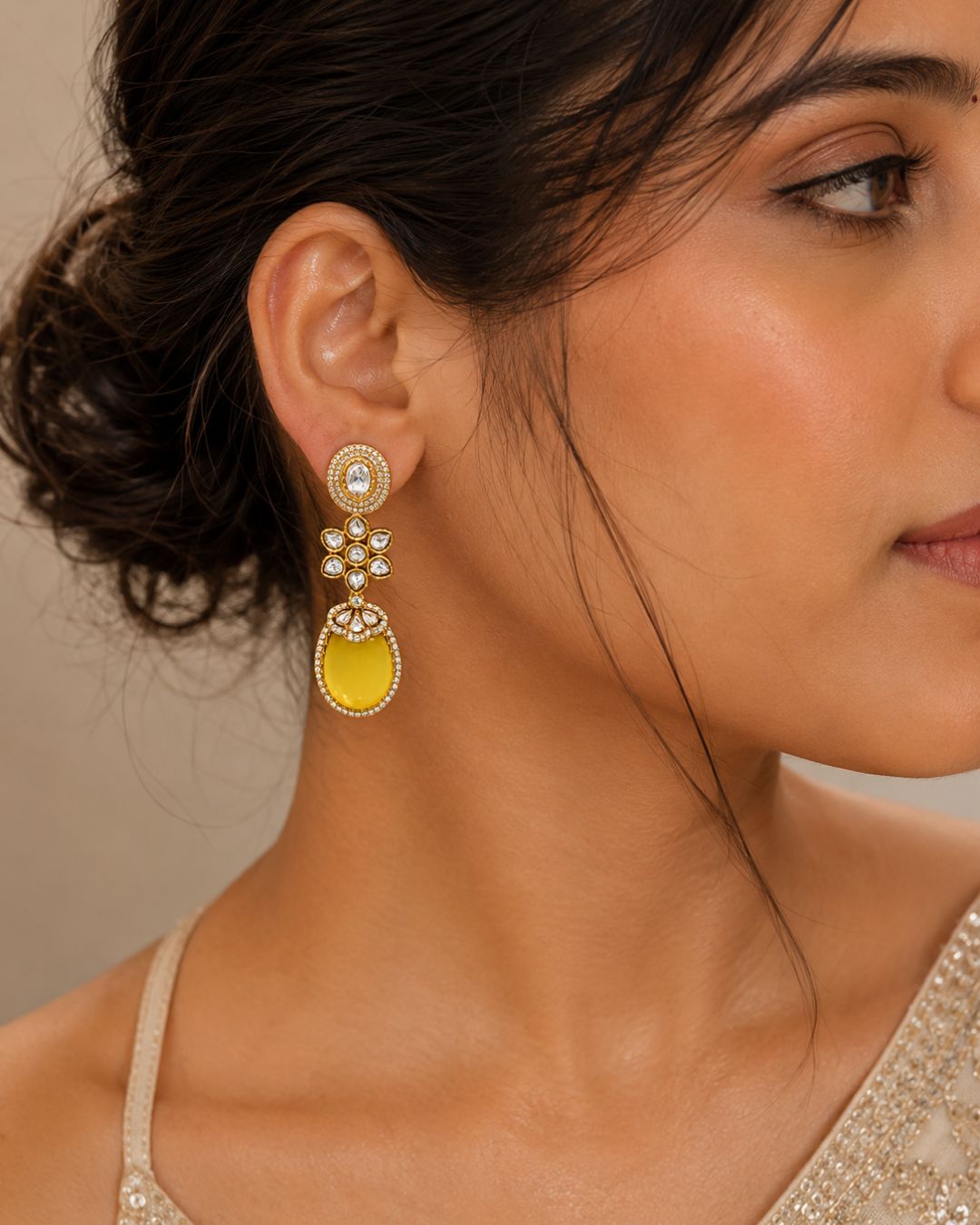 Sabyasachi inspired Polki Yellow Drop Earrings for Women