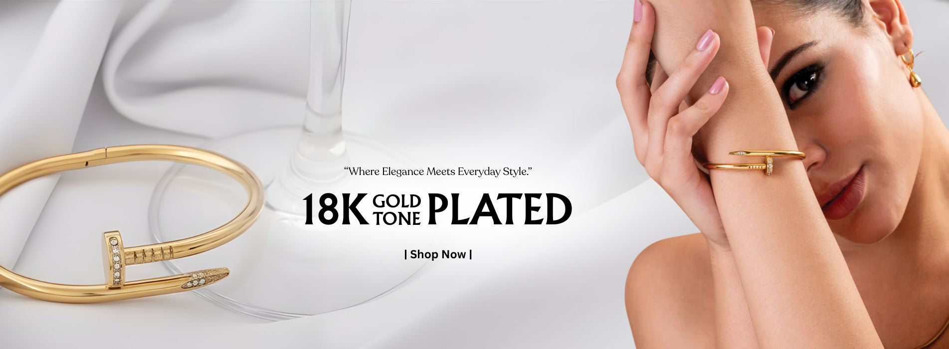 18K gold-plated bracelet on a model with promotional text on a white background