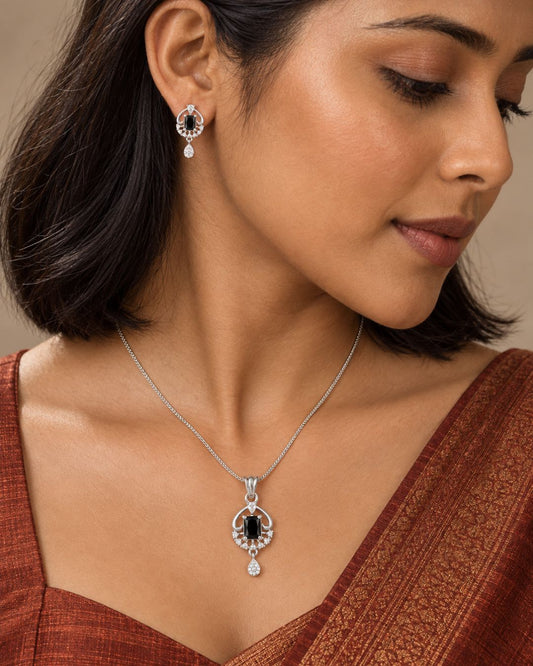 Midnight Majesty Silver Finish Oxidized Pendant Set