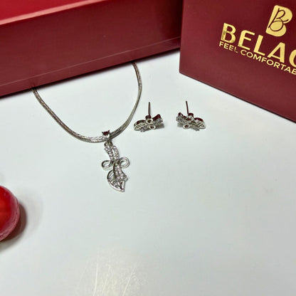 Leaf & Bow Pendant Necklace with Matching Earrings